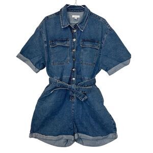 Topshop Collared Short Cuffed Sleeve Denim Romper Shorts Blue Size 12